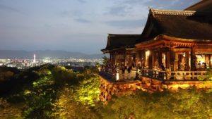 A view of the city at night from Kiyomizu-dera in Kyoto