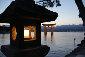 Twilight in Miyajima Torii in Japan