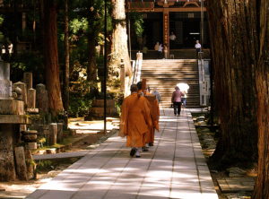 Meditating people walking on a path in Mount Koya