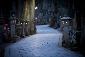 Pathway in Mount Koya with lights in the side