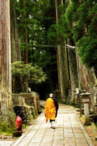 A Shingon Priest walking down a path in Mount Koya