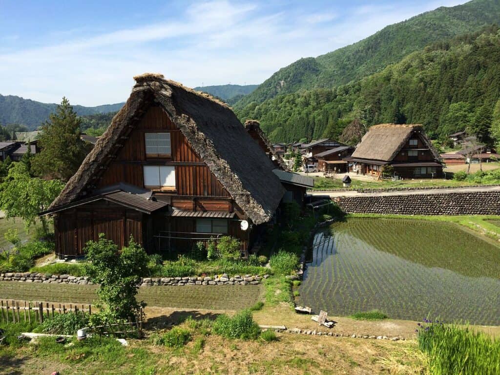 A thatched farmhouse beside a flooded rice field in a green mountain valley
