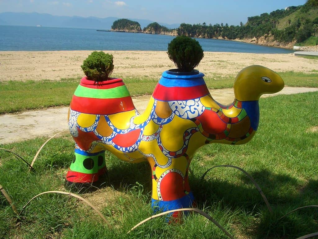 A colorful outdoor sculpture on the shore of Naoshima, one of the remote islands in Japan reborn through art