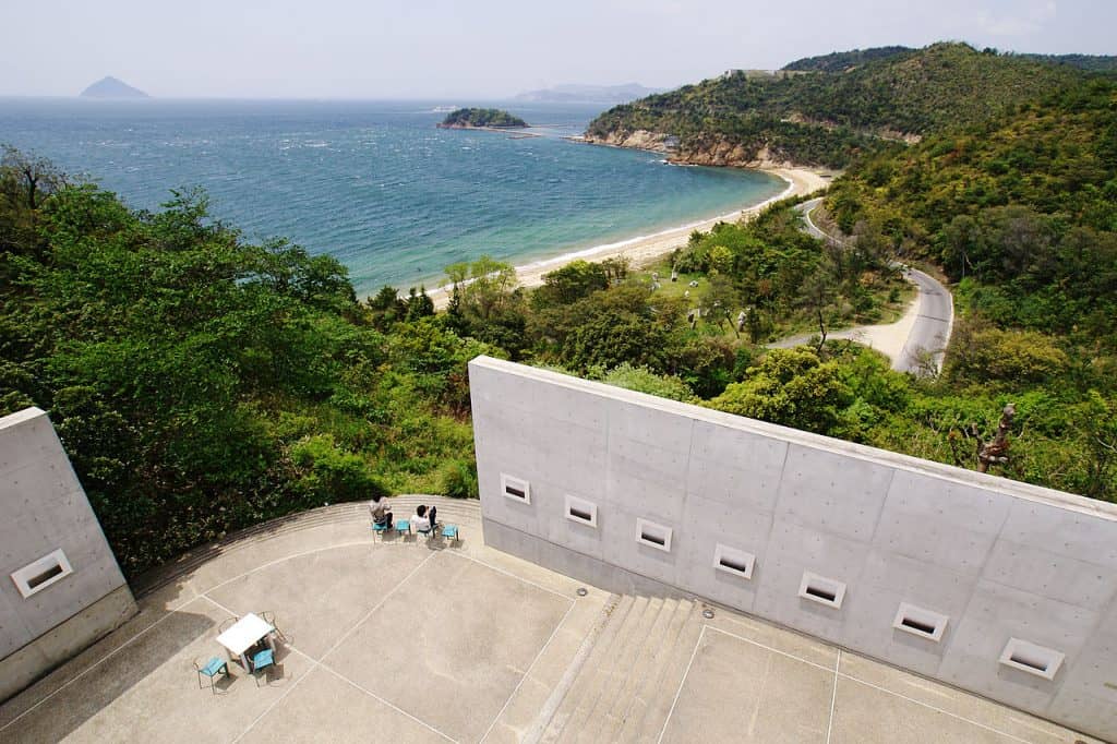 Benesse House on Naoshima, a concrete museum-hotel by Tadao Ando above a curving beach on the Seto Inland Sea