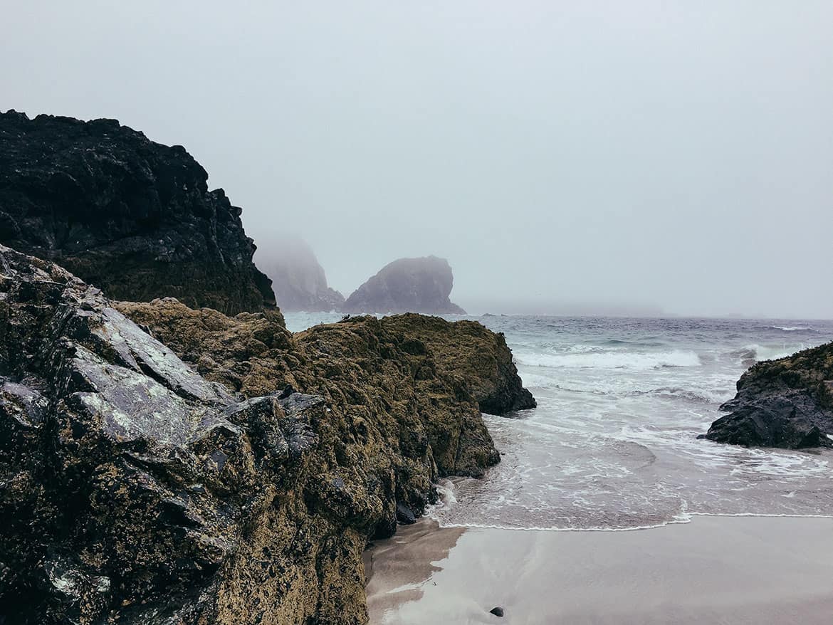Waves breaking on a misty rocky coast in Japan