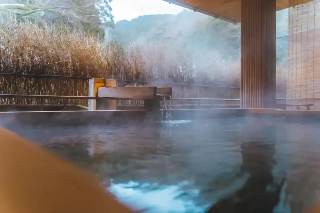 A steaming outdoor onsen bath edged with stone and wood, with mist drifting over the water