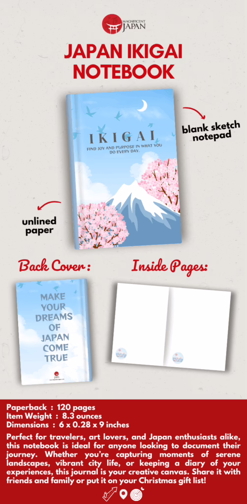 Magnificent Japan Soft Cover Ikigai Notebook – A 120-page unlined travel journal ideal for sketching, calligraphy, and writing your Japanese name inspired by the name generator experience and traditional Japanese culture