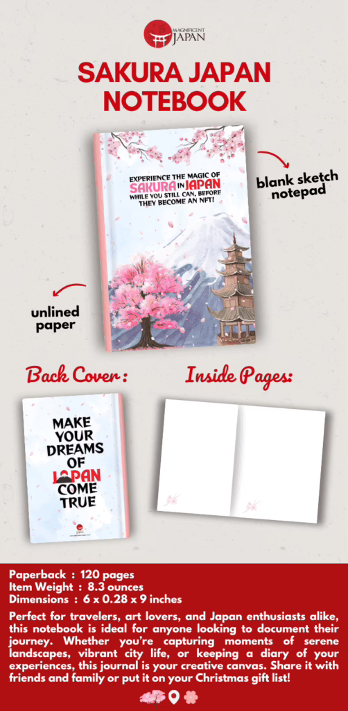 Magnificent Japan Soft Cover Sakura Notebook – A 120-page unlined travel journal ideal for sketching, calligraphy, and writing your Japanese name inspired by the name generator experience and traditional Japanese culture