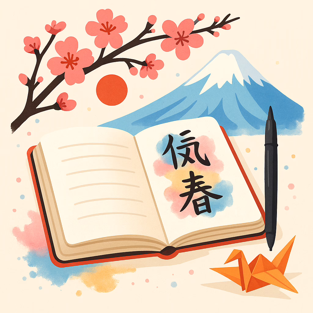 Illustrated open journal with cherry blossoms and Mount Fuji in the background, designed for the Magnificent Japan Journals Collection.