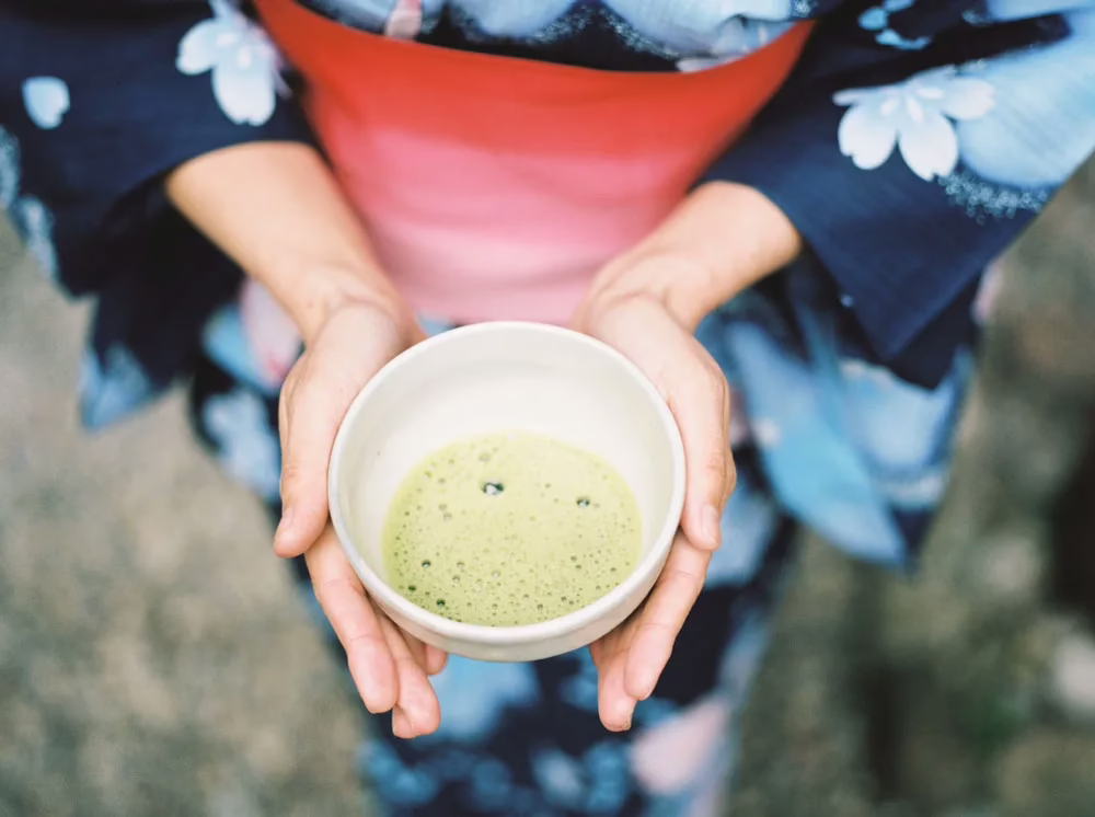 Hands holding a bowl of freshly whisked usucha matcha