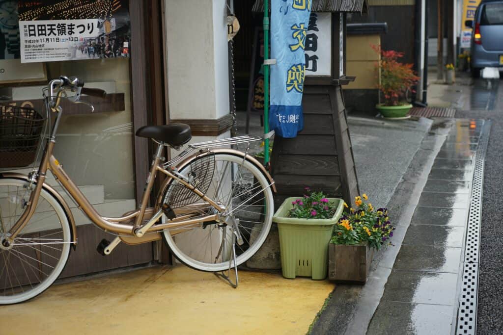 A bicycle parked beside potted flowers outside a small shop on a rainy street in a Japanese town