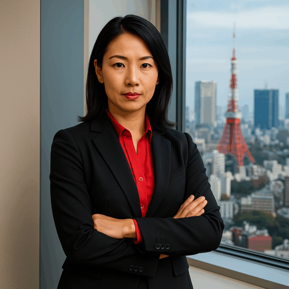 Confident Japanese businesswoman in a black suit by the Tokyo skyline