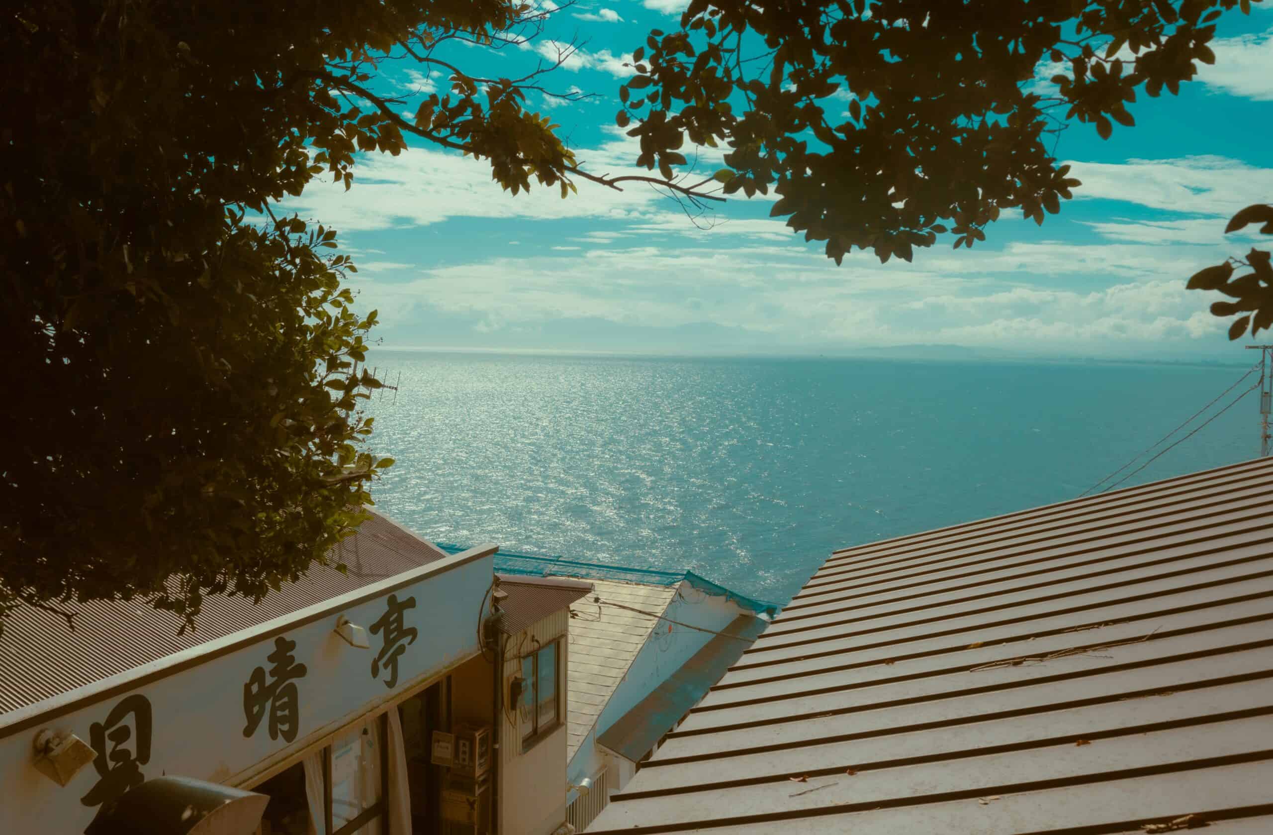 A calm blue sea seen from the rooftops of a coastal inn in Kanagawa, framed by tree branches