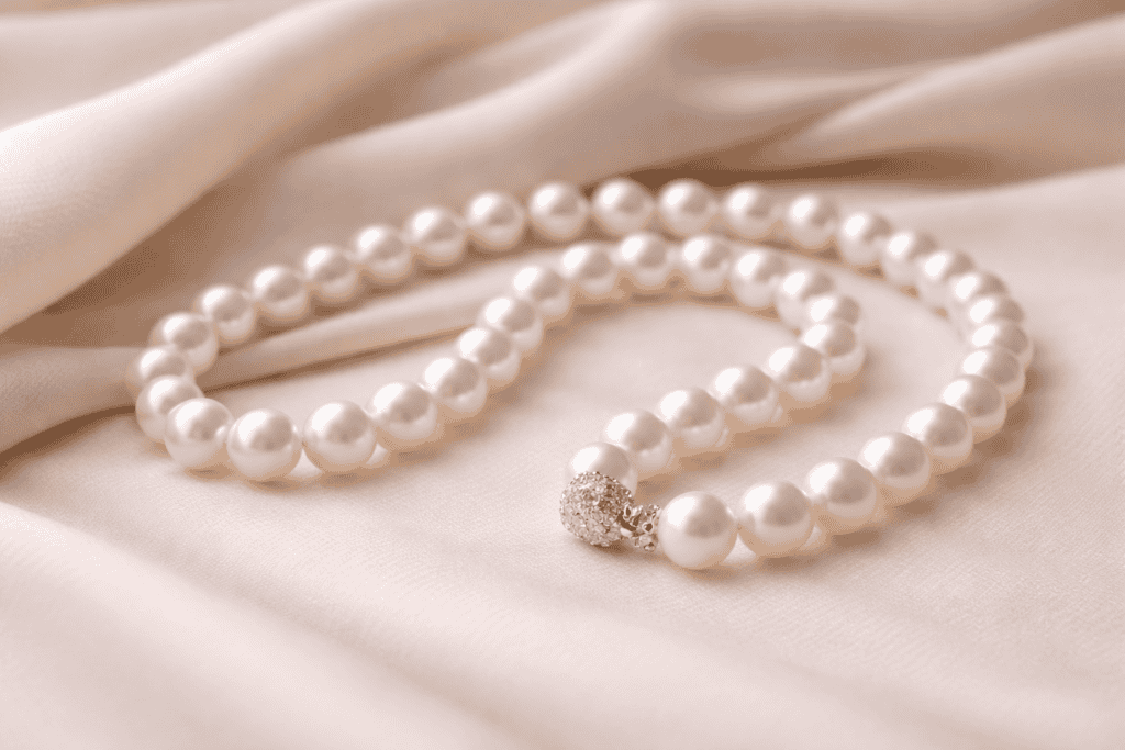 A strand of round white Japanese pearls resting on folds of pale silk