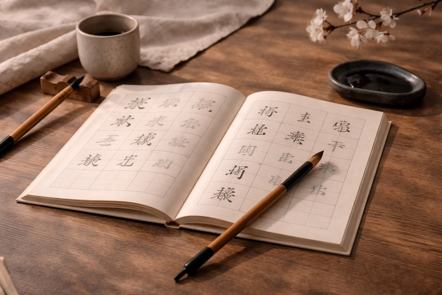 Kanji handwriting practice on guided boxes, from the Kanji Workbook, Volume 1