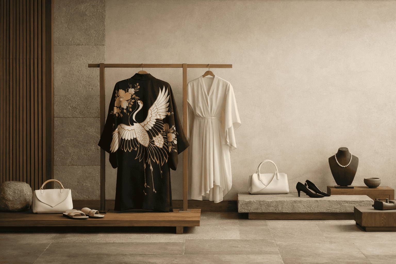 Minimalist Japanese-inspired fashion with kimono textiles and fine accessories