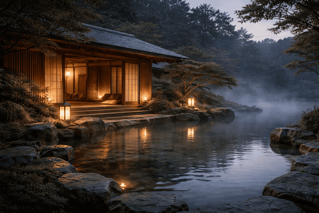 A wooden inn with glowing lanterns beside a misty bay at dusk