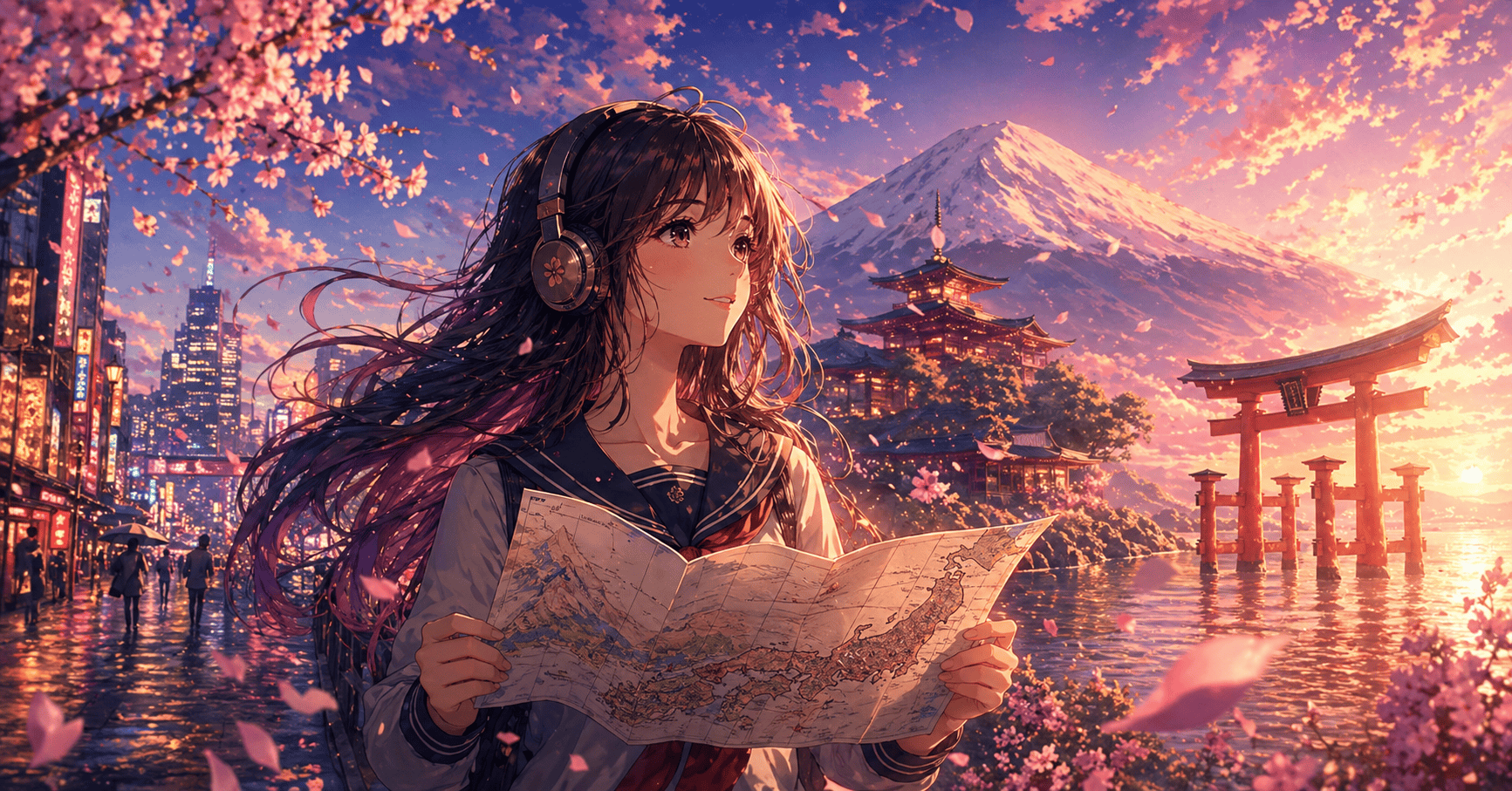 An anime illustration of a young traveler with a map among cherry blossoms and a torii, the spirit behind anime statues on a Japan trip