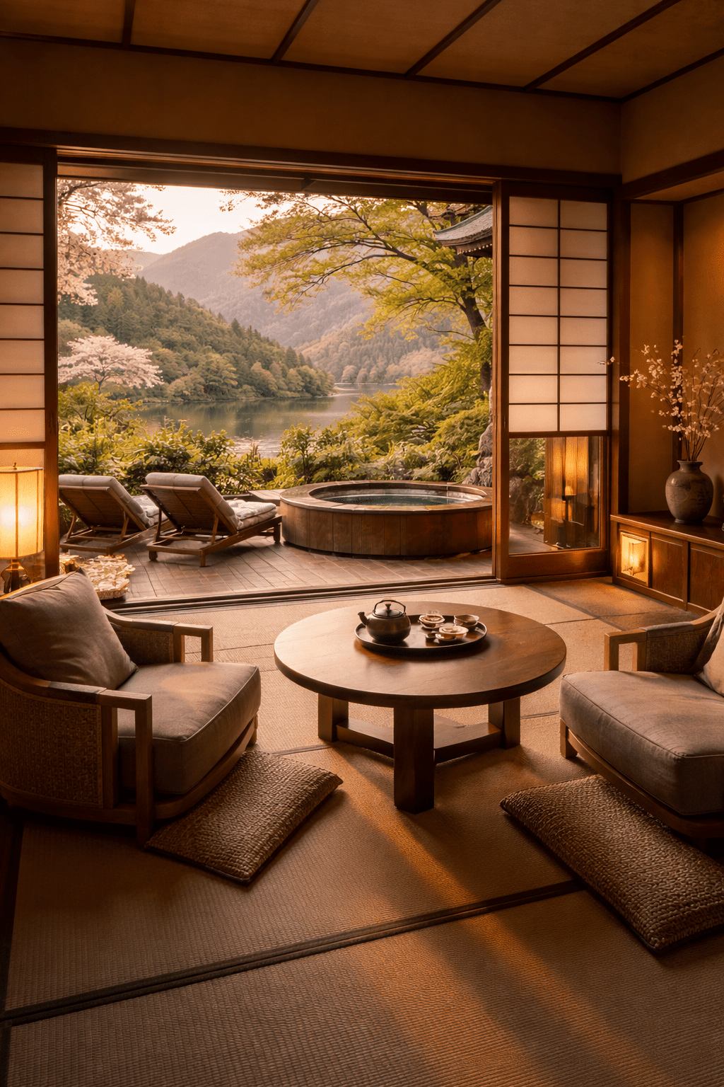 Luxurious ryokan onsen view