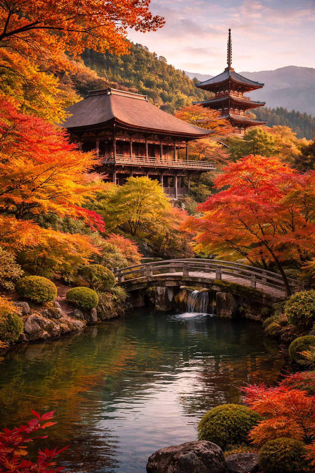 Scenic Japanese landscape with seasonal foliage, temple view, and mountain setting