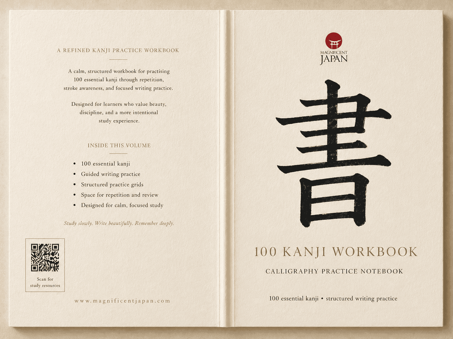 Kanji Practice Workbook with brush and matcha