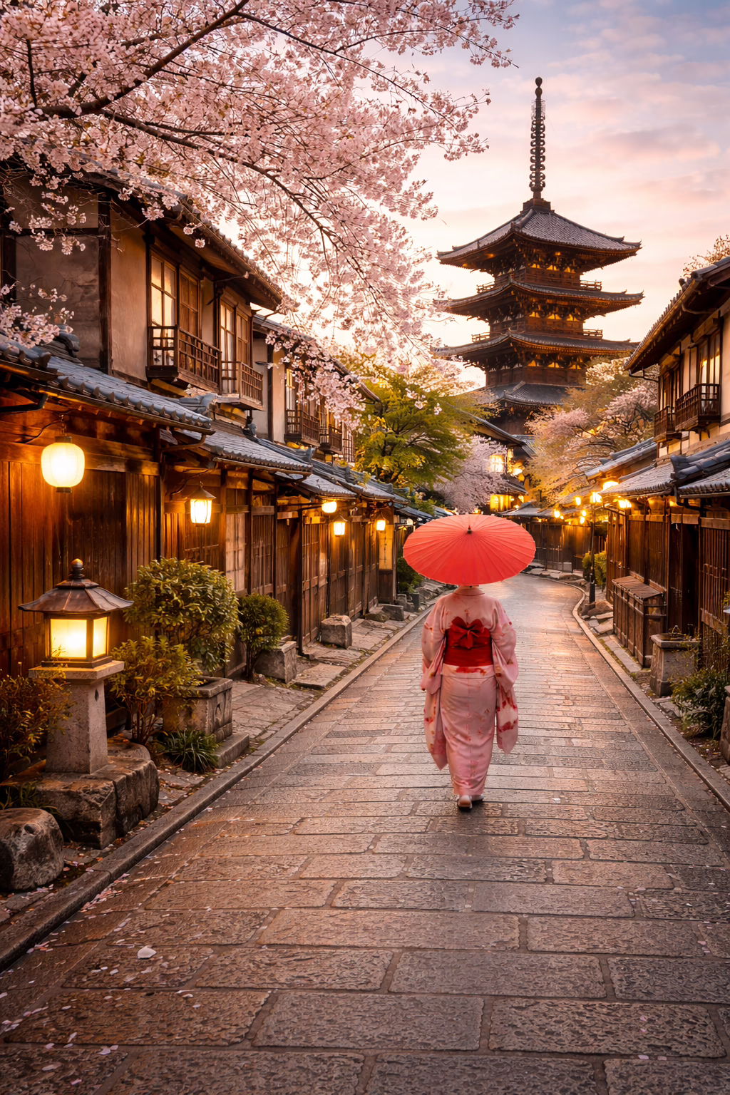 Kyoto heritage street with warm lantern light and traditional machiya architecture