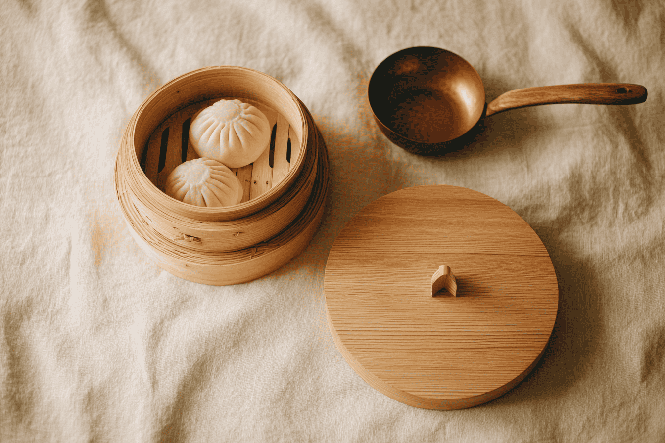 A bamboo steamer with the lid lifted to show fresh vegetables, alongside a wooden drop lid and a small one-portion oyakodon pan