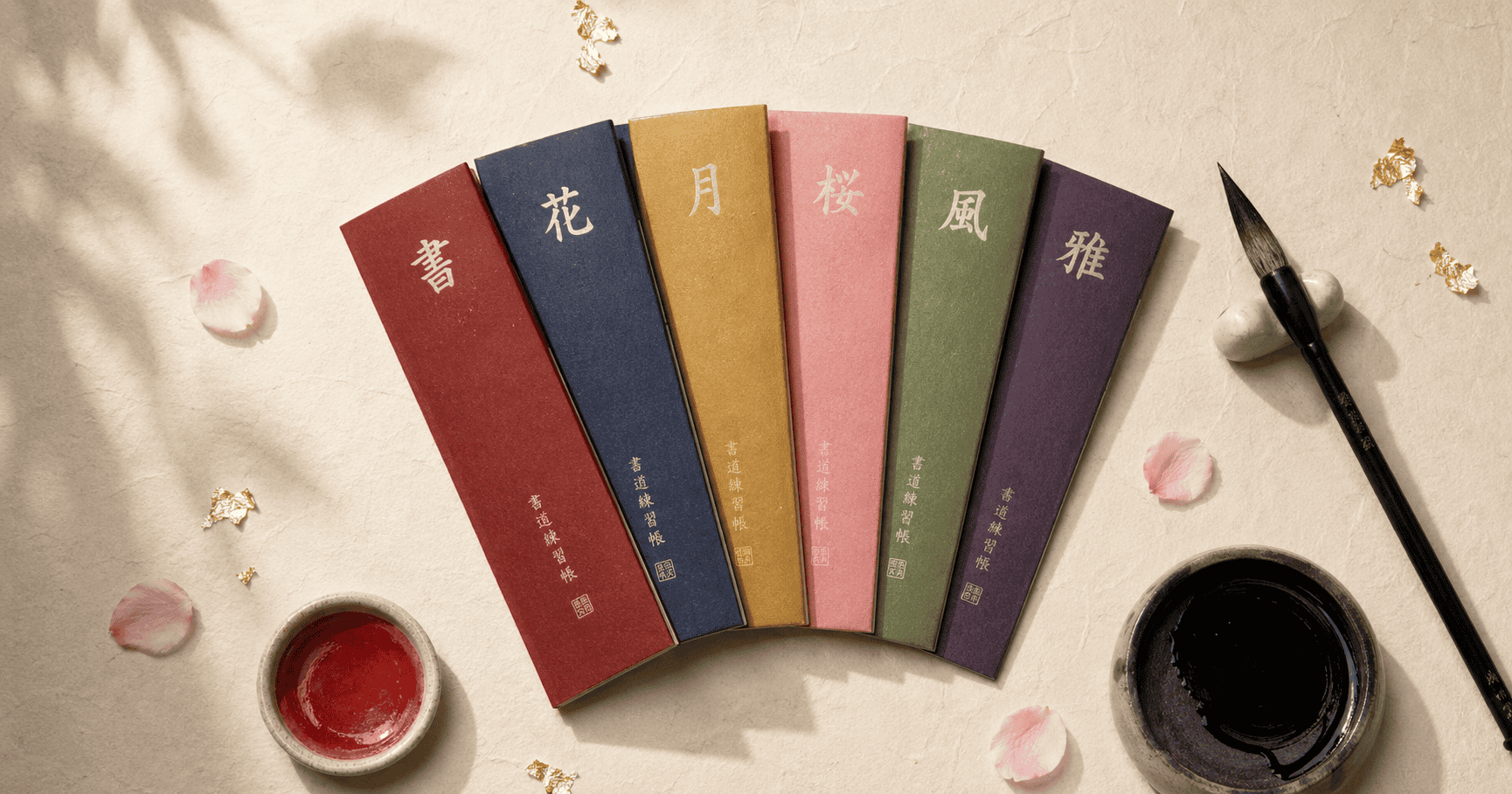 The Magnificent Japan calligraphy practice workbook series displayed on cream washi paper with brush, ink stone, and sakura petals