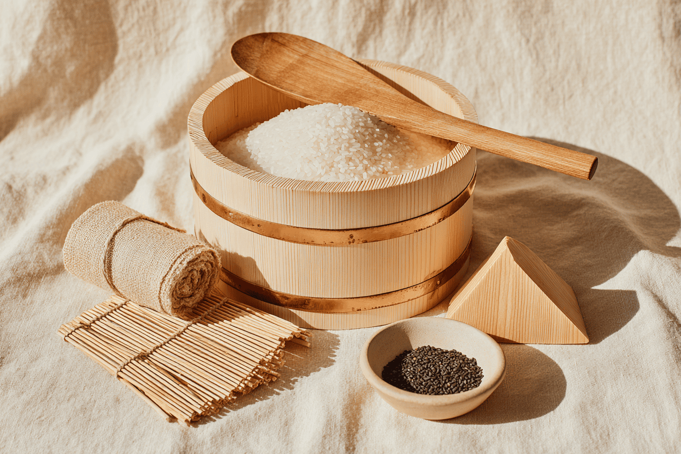 A wooden hangiri sushi rice tub with cooked rice inside, a flat wooden shamoji rice paddle laid across the rim, and a rolled bamboo makisu mat beside it