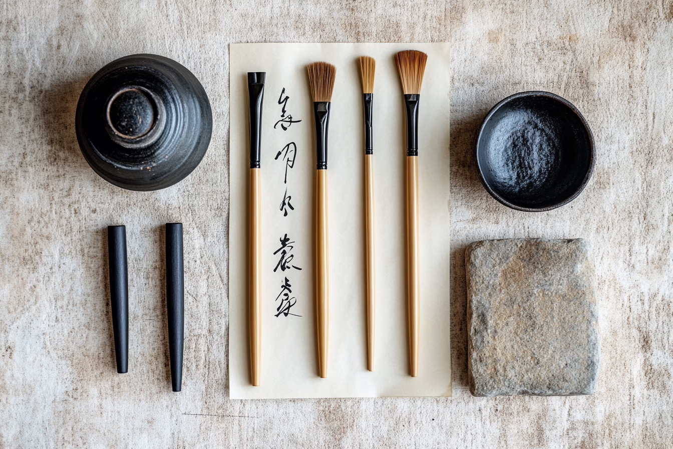 Japanese calligraphy brush set with ink stone