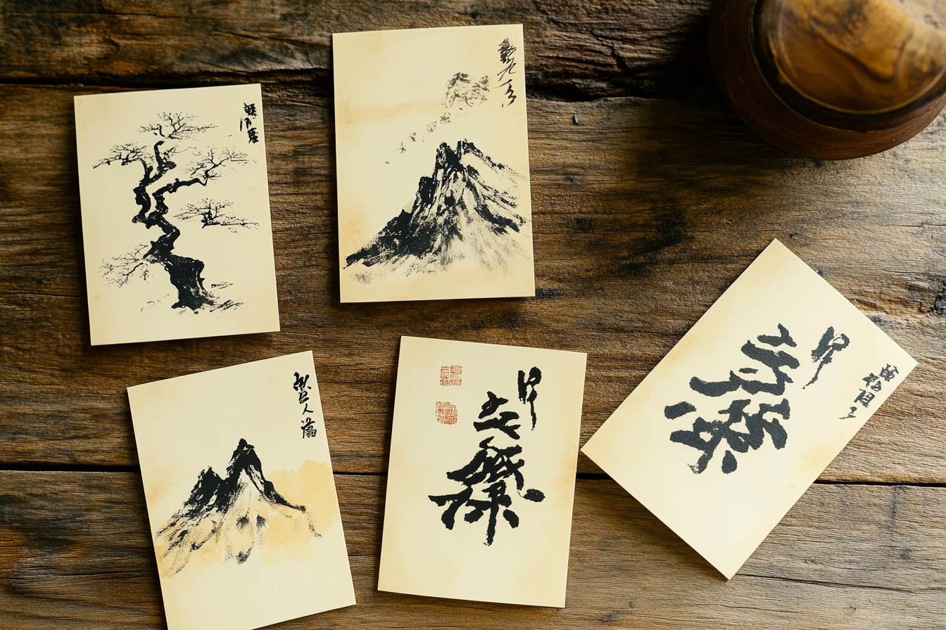 Japanese kanji flashcards on cream linen surface