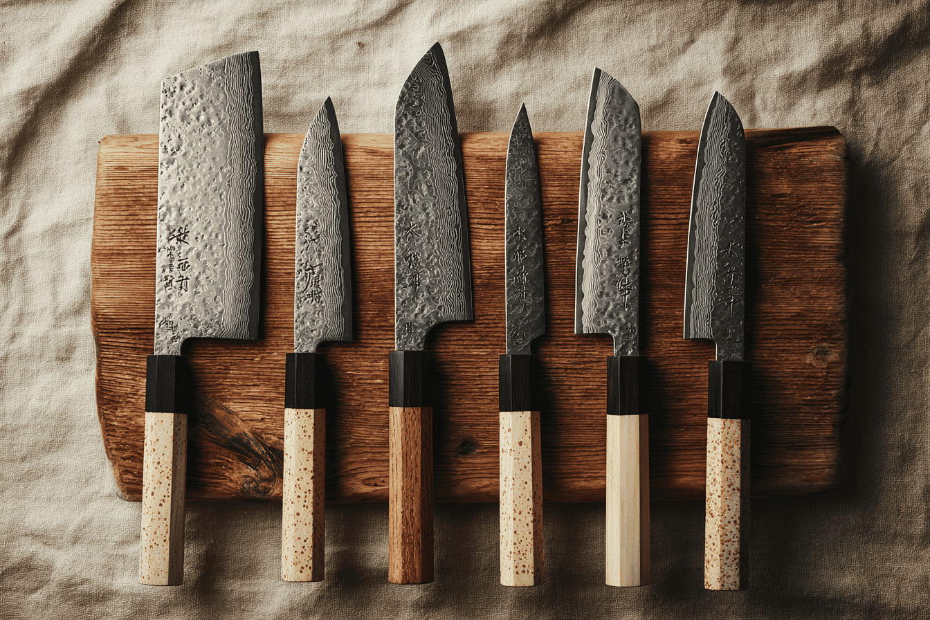 Six Japanese chef knives — gyuto, santoku, nakiri, petty, yanagiba, and deba — arranged in parallel on a hinoki cypress cutting board