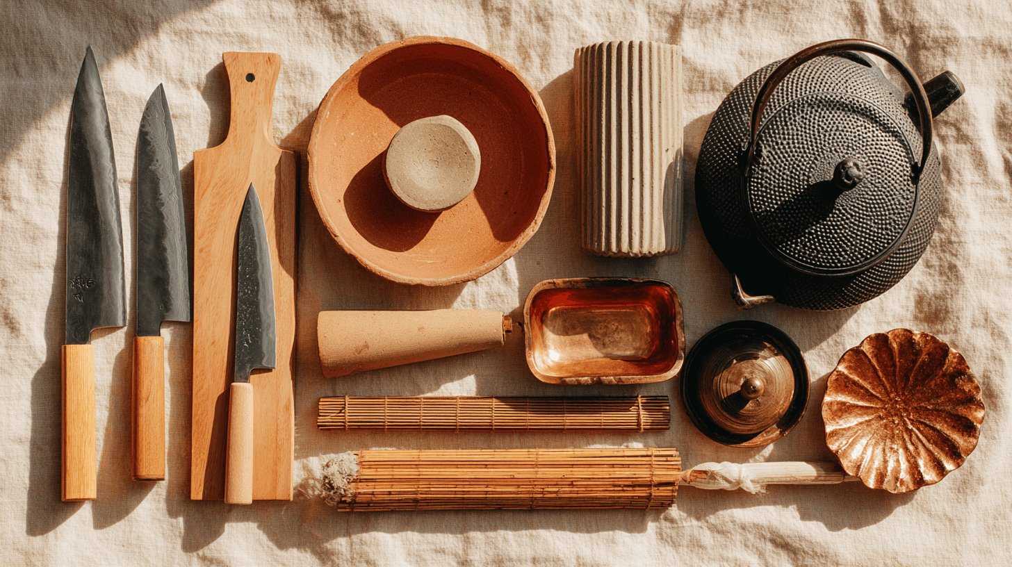 A curated overhead arrangement of 33 essential Japanese cooking tools on warm cream linen, including knives, donabe pots, suribachi mortar, and bamboo utensils