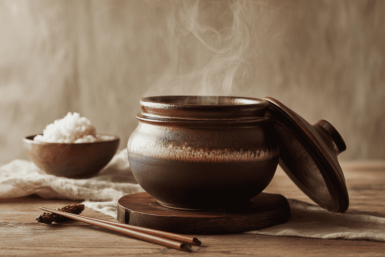 A traditional Japanese donabe clay pot, a yukihira aluminum saucepan, and a copper tamagoyaki pan arranged together on a wooden surface