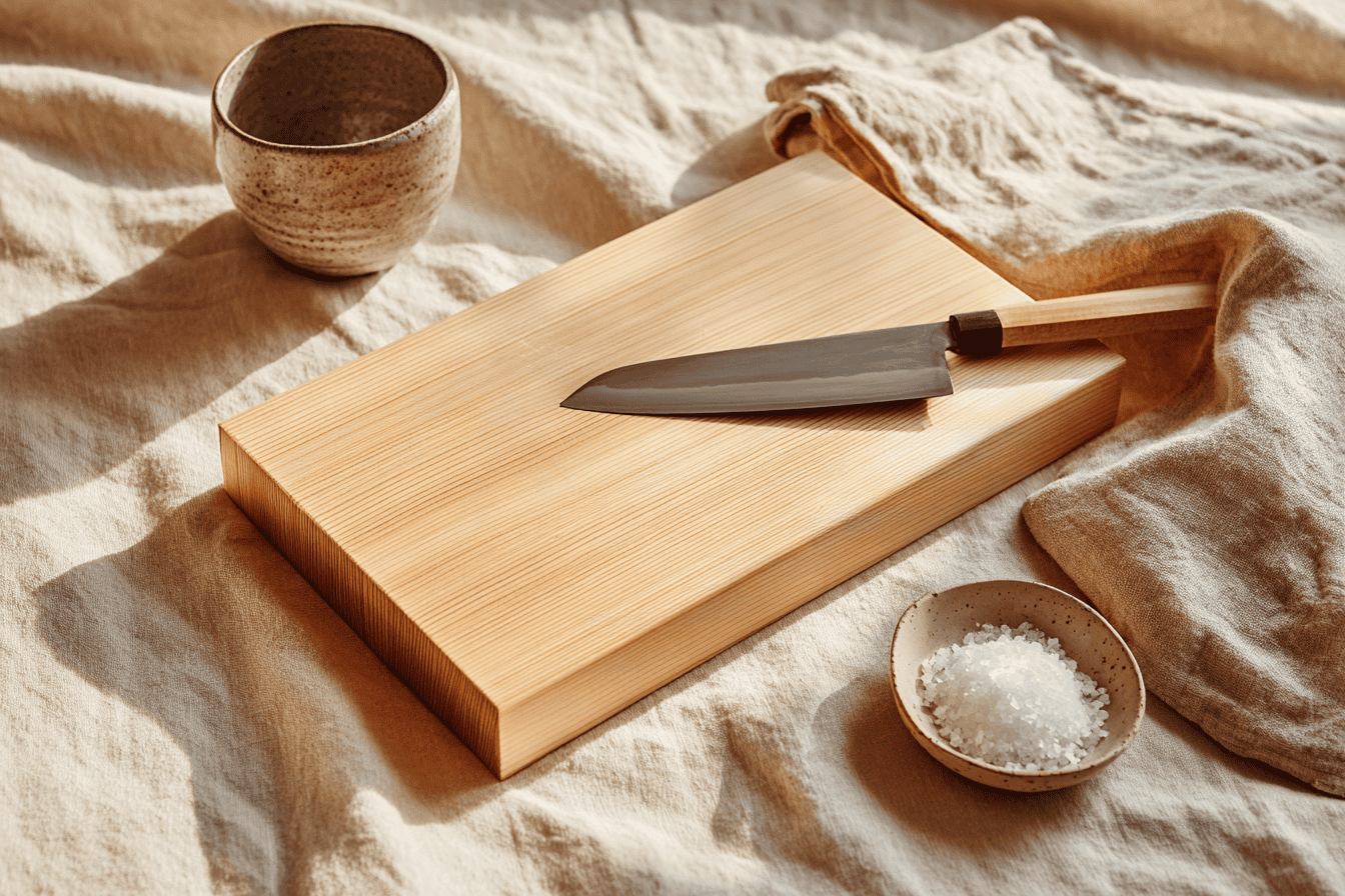 A Japanese whetstone, a hinoki cutting board, and a small bottle of camellia oil arranged on cream linen for knife maintenance