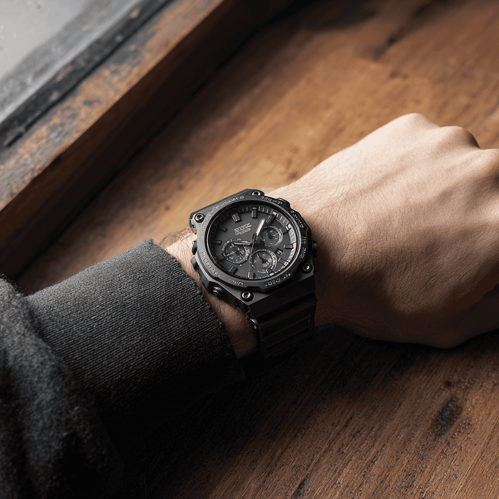 An adult wearing a single G-Shock anime collaboration watch with otherwise plain styling