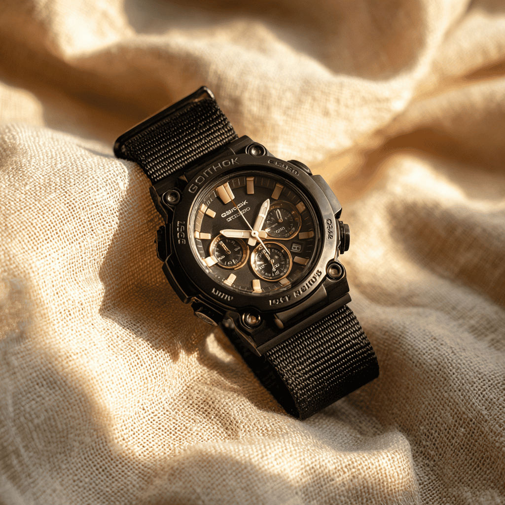 A G-Shock collaboration watch on a textured cream surface