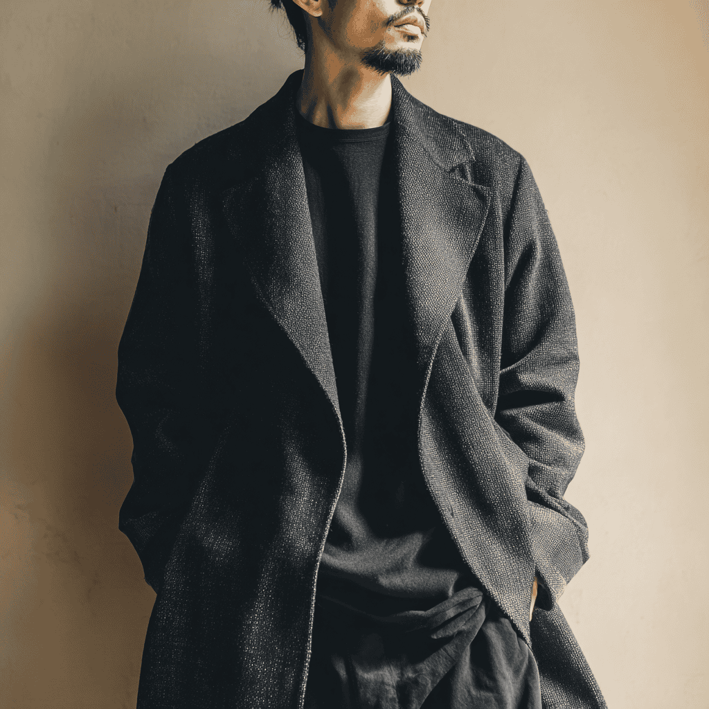 Editorial portrait of an adult in considered Japanese designer streetwear