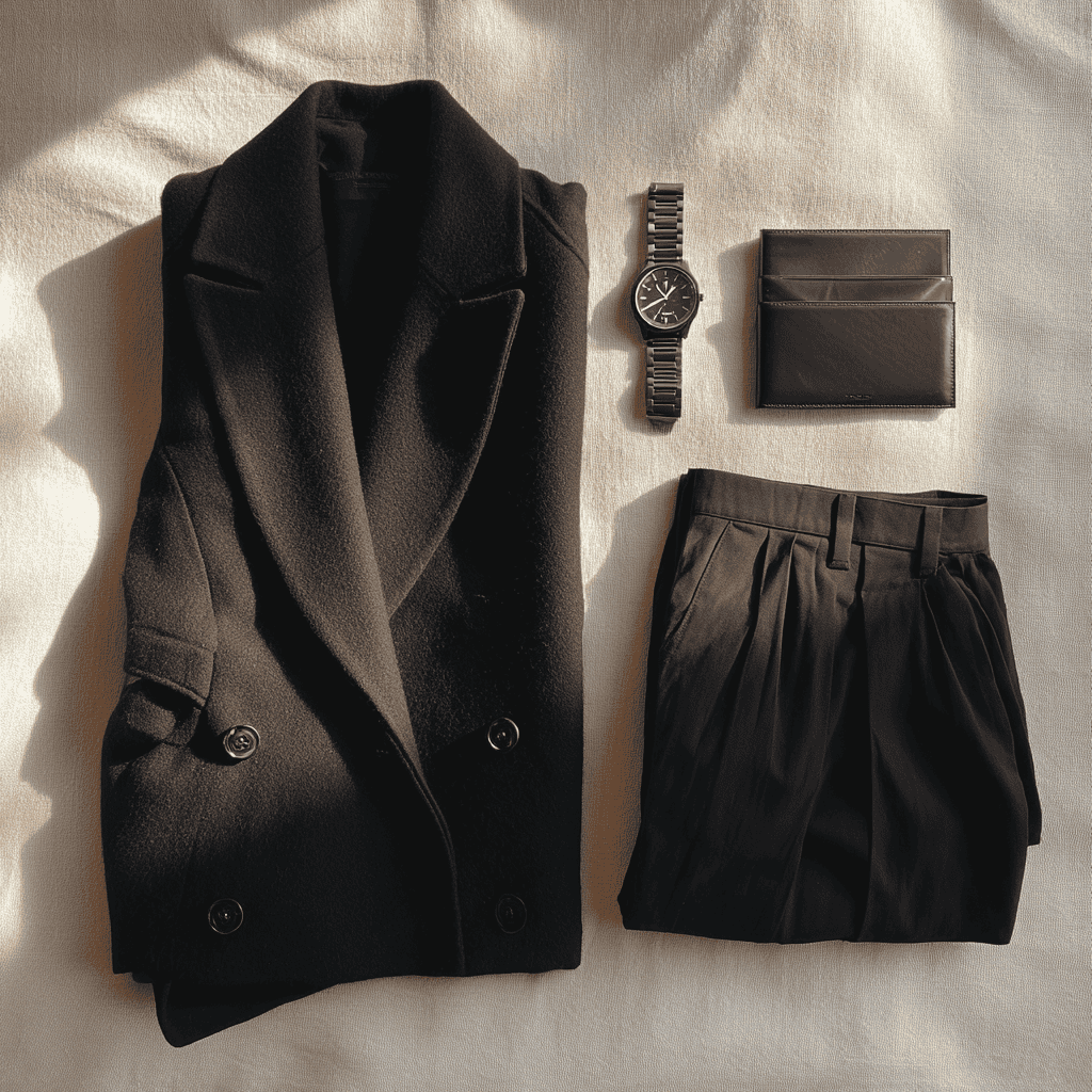 Black designer techwear arranged on warm cream linen in editorial flatlay