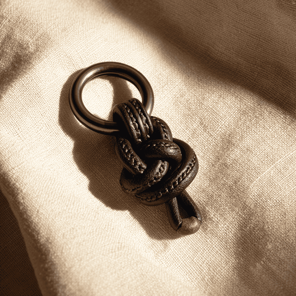 Loewe leather Susuwatari charm displayed on a warm linen fabric