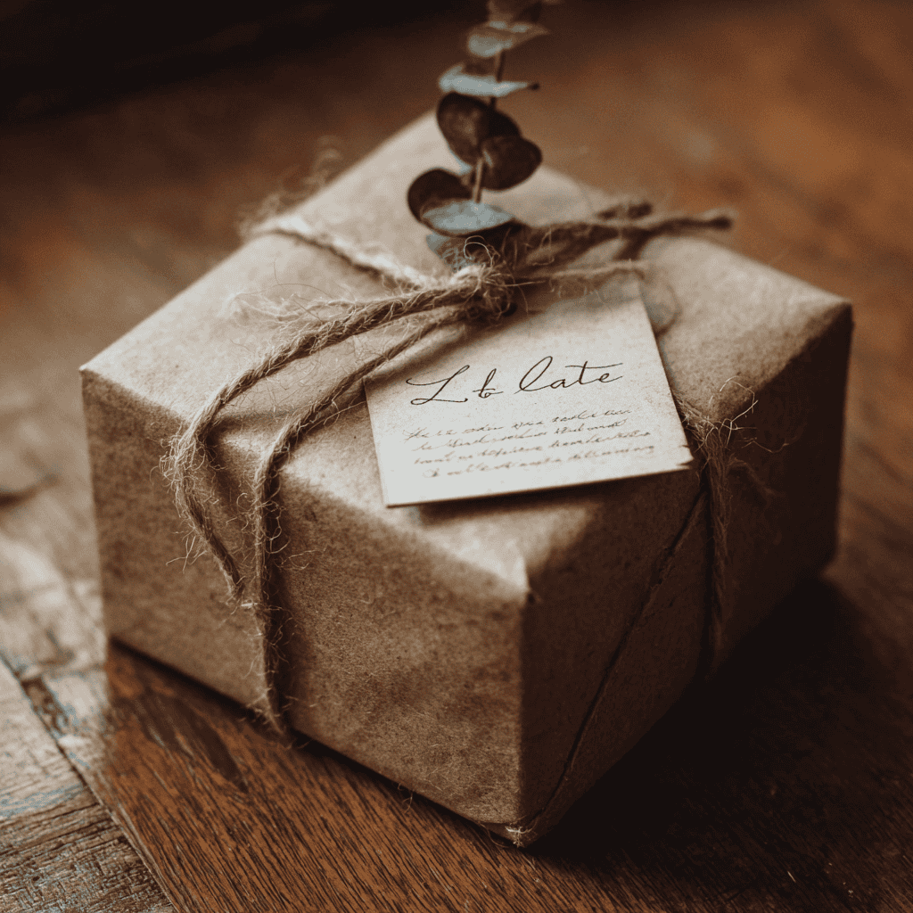 Considered gift presentation with kraft wrapping and natural twine