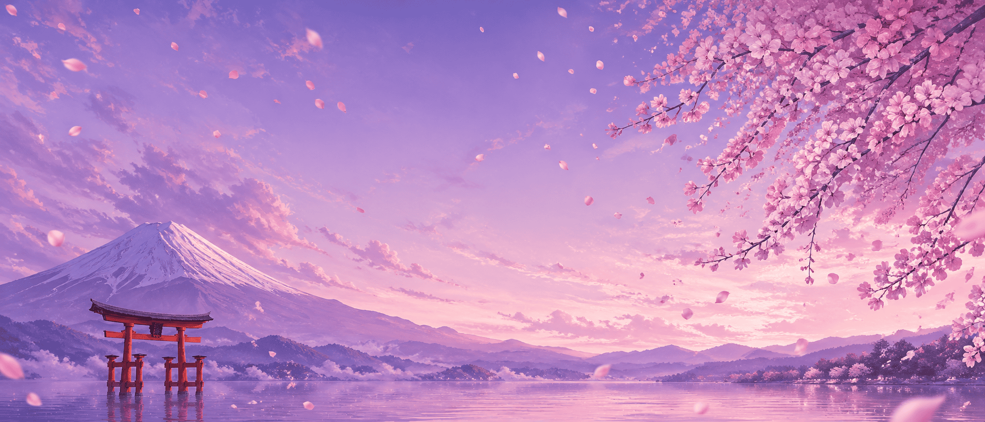 An illustrated violet sky over Mount Fuji with a torii gate in the water and cherry blossoms
