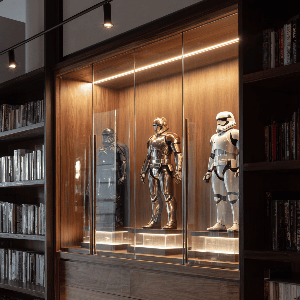 A glass cabinet with three premium anime statues displayed with directional lighting