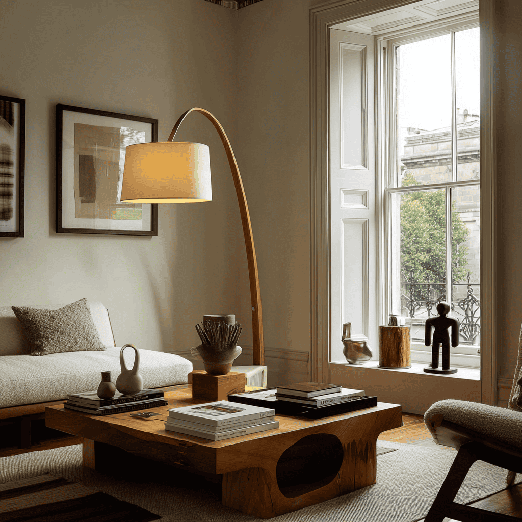 A considered adult interior with a single premium anime statue as a deliberate room accent