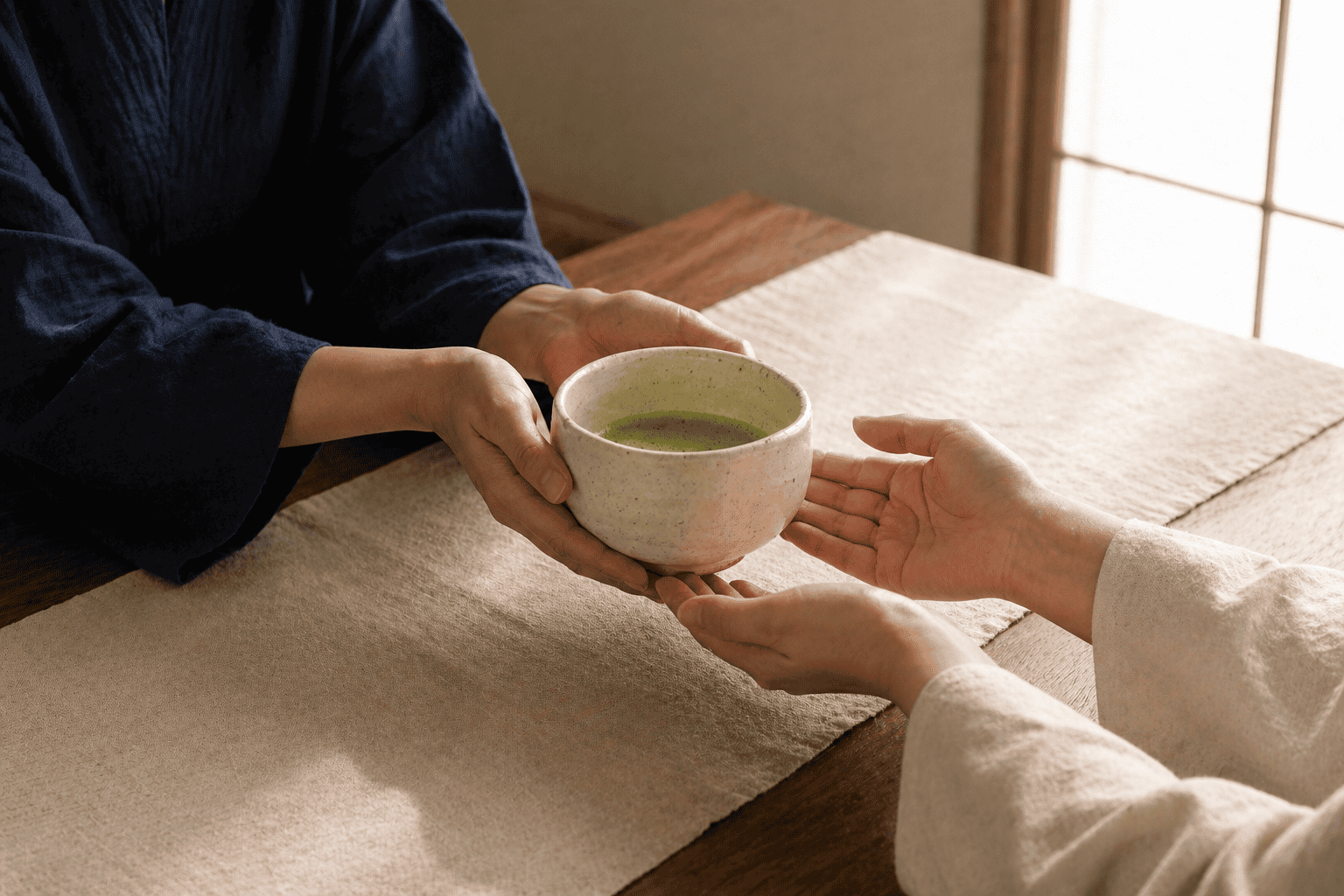 Mino-yaki ceramic matcha chawan bowl in soft red and cream Aka Shino glaze