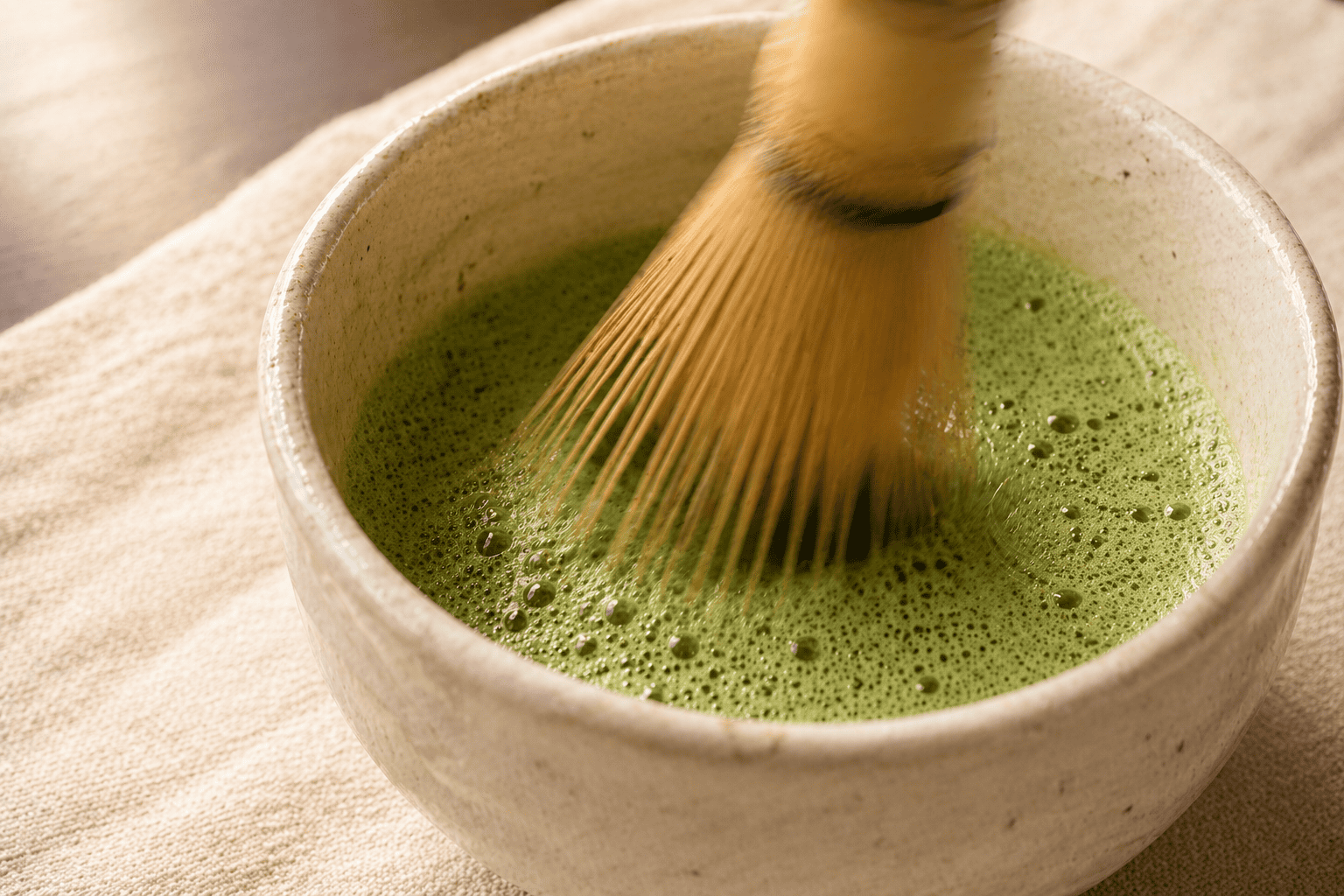 Bamboo chasen whisk creating fine matcha foam — Takayama craftsmanship