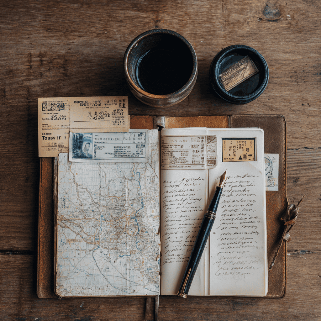 An open notebook with a Japanese train ticket, a folded map and a fountain pen