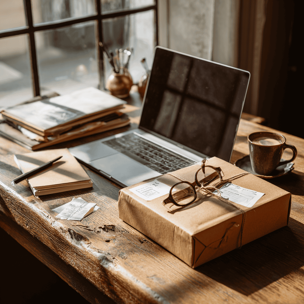 A collector reviewing online manga purchases on a laptop with shipping packaging