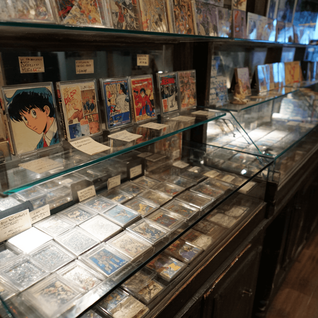 The interior of a Mandarake shop with vintage manga and animation cels on display