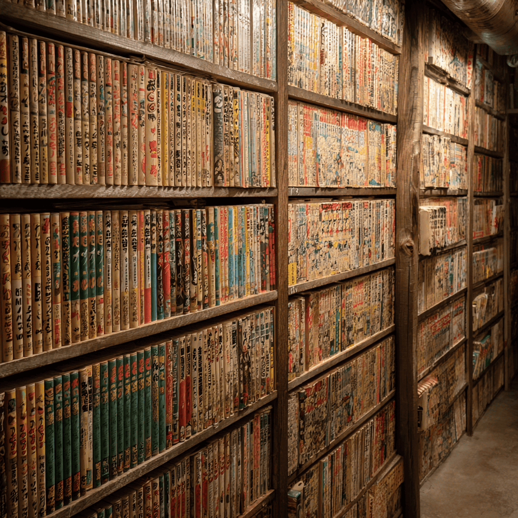 Tall stacks of vintage Japanese manga shelved in a Mandarake archive shop